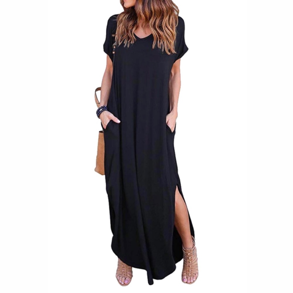 Black Cotton Maxi Dress V Neck with Slit